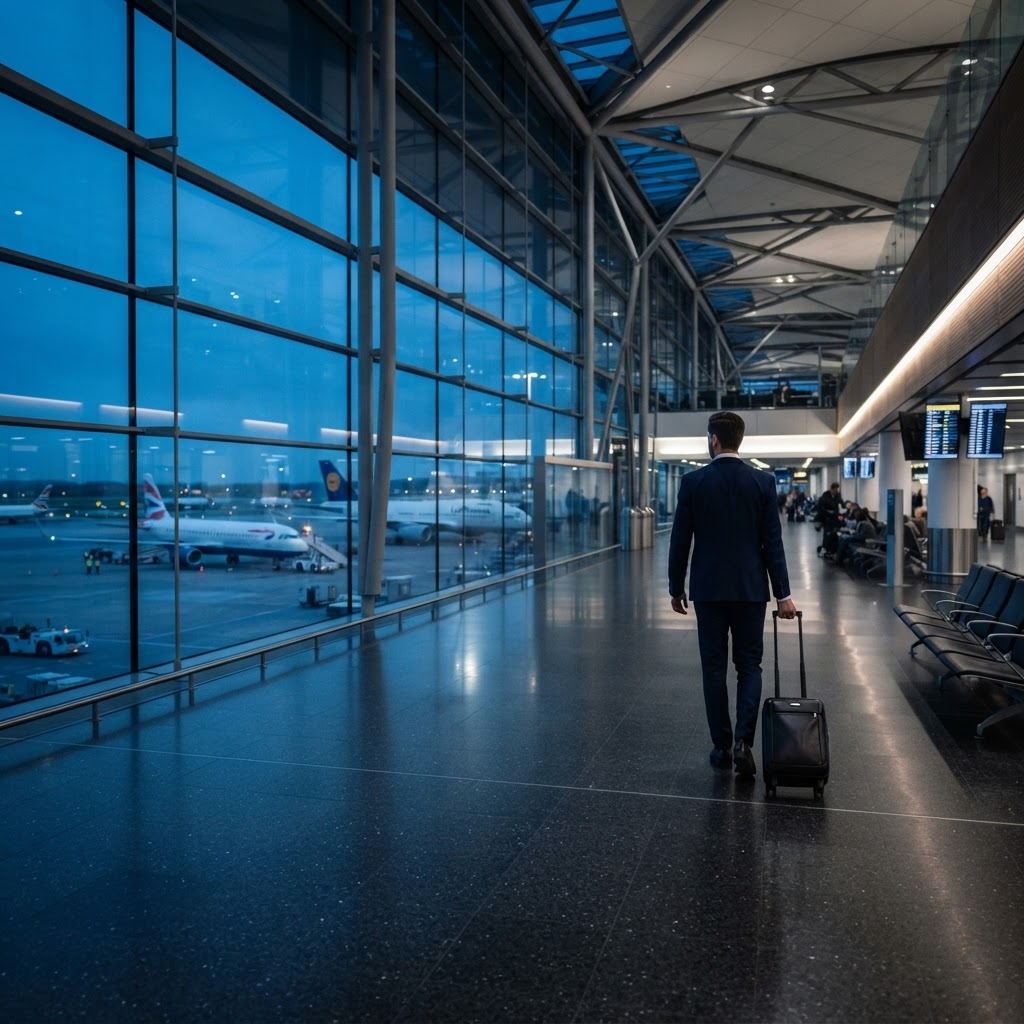 Viajante com mala em um terminal de aeroporto ao anoitecer
