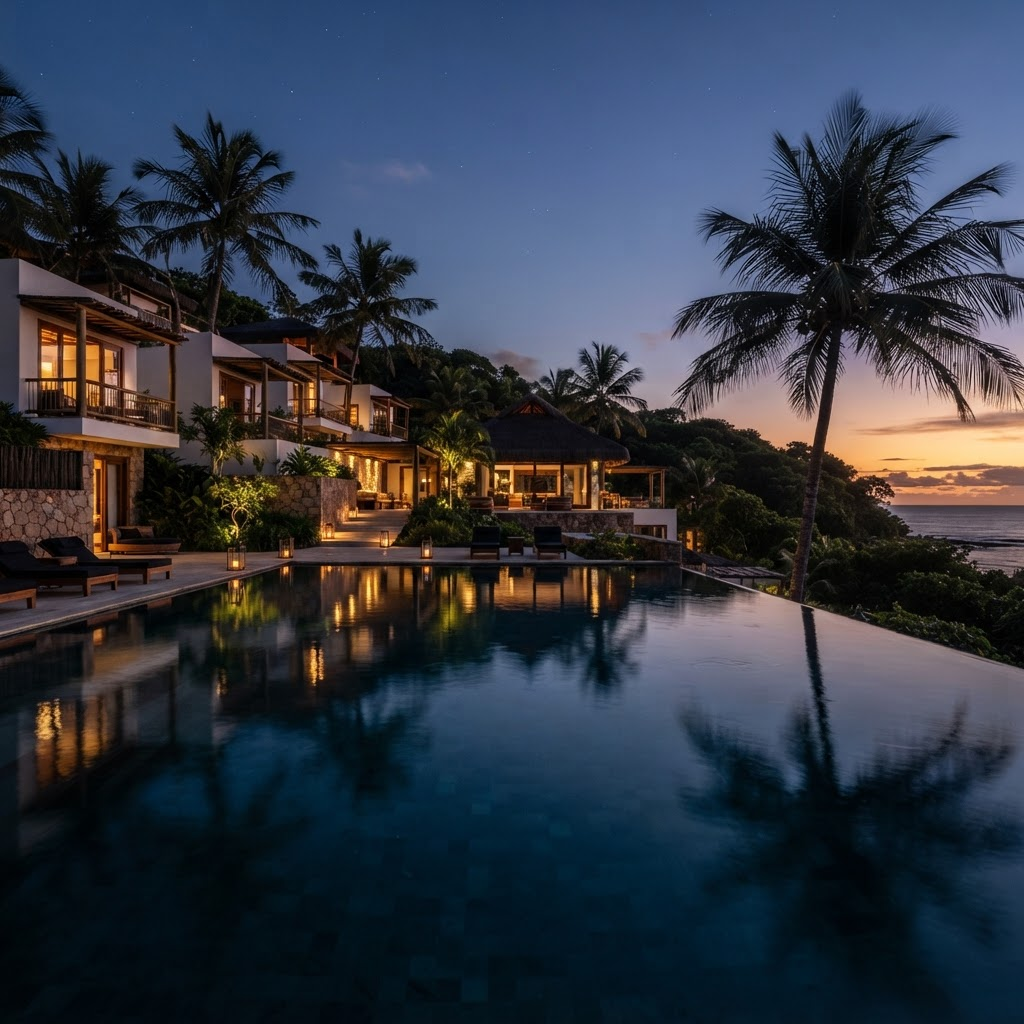 Hotel à beira-mar com piscina iluminada no início da noite