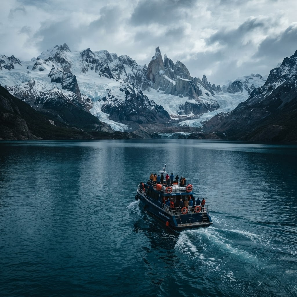 Barco de turismo navegando entre montanhas na Patagônia
