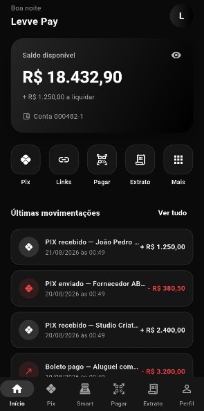 Tela do aplicativo Levve Pay no celular com saldo e movimentações