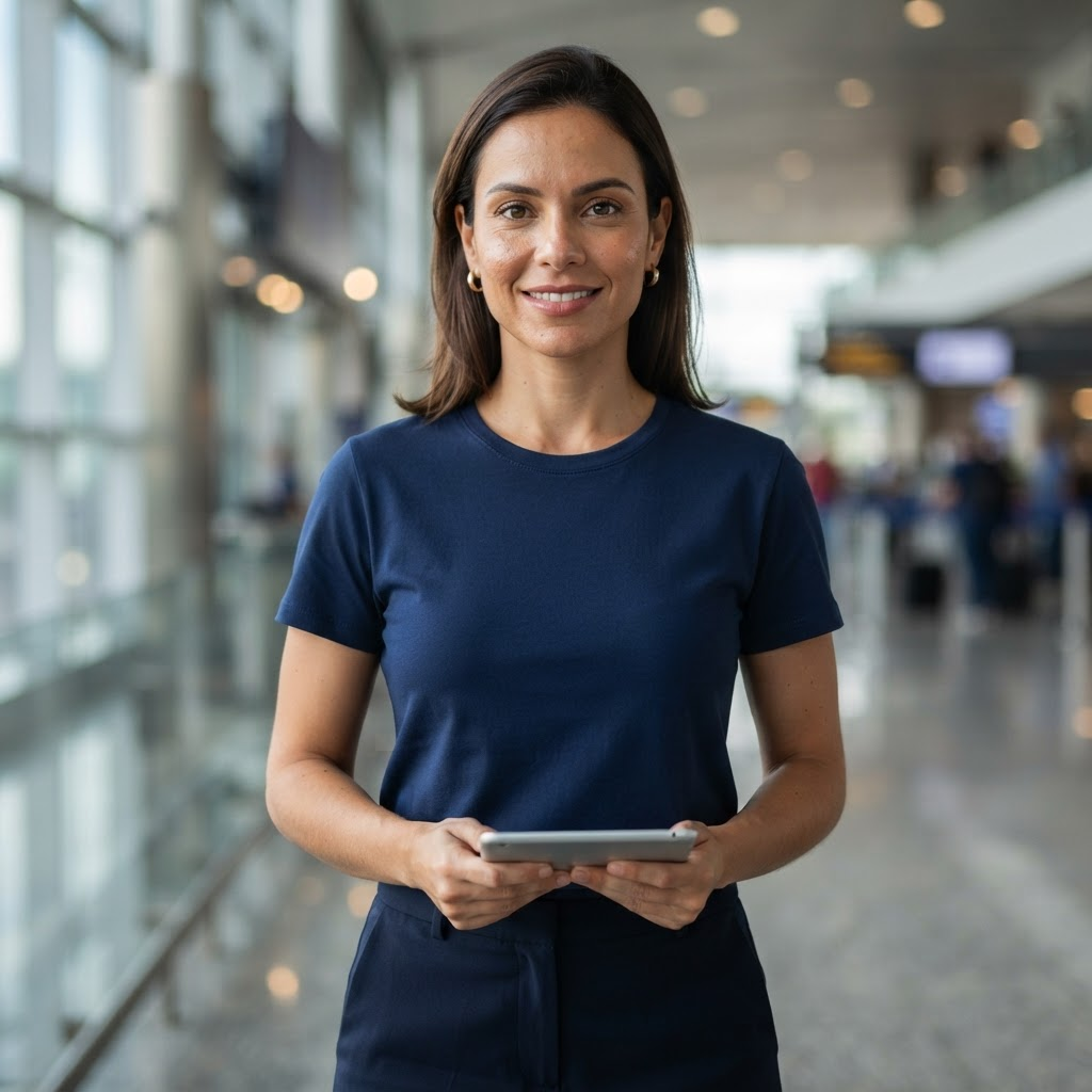 Mulher sorrindo em um aeroporto, com uma camisa azul-marinho da Levve e um tablet nas mãos.